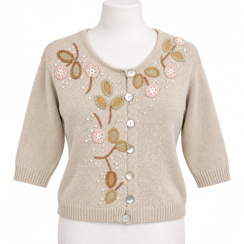 Vintage 90s Silk Linen Floral Embroidered Button Cardigan Size L Tan Cottagecore